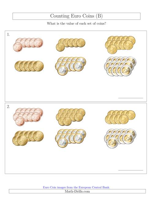 The Counting Euro Coins Sorted Version (No 1 or 2 Cents) (B) Math Worksheet