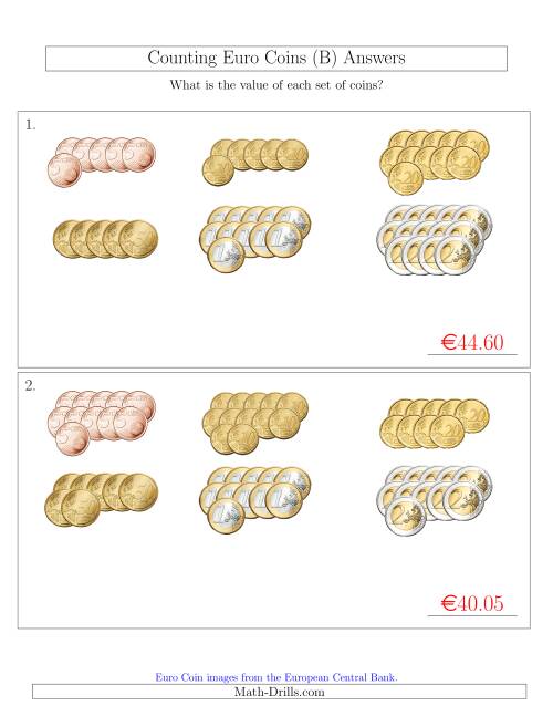 The Counting Euro Coins Sorted Version (No 1 or 2 Cents) (B) Math Worksheet Page 2