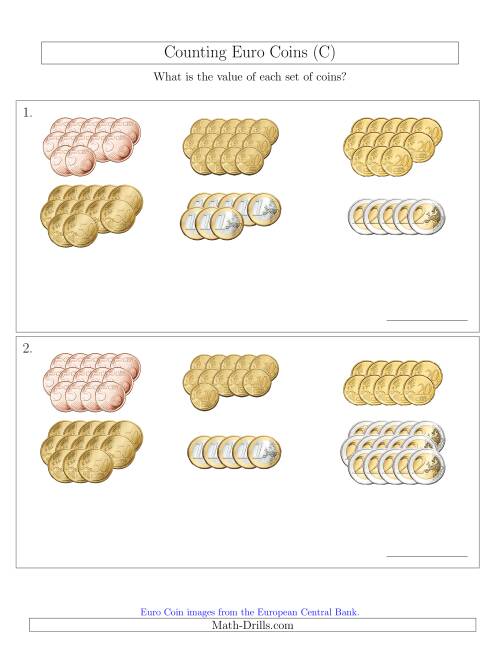 The Counting Euro Coins Sorted Version (No 1 or 2 Cents) (C) Math Worksheet