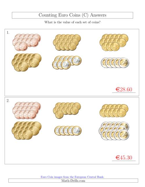 The Counting Euro Coins Sorted Version (No 1 or 2 Cents) (C) Math Worksheet Page 2