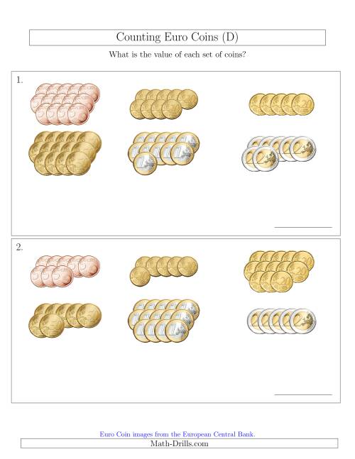 The Counting Euro Coins Sorted Version (No 1 or 2 Cents) (D) Math Worksheet