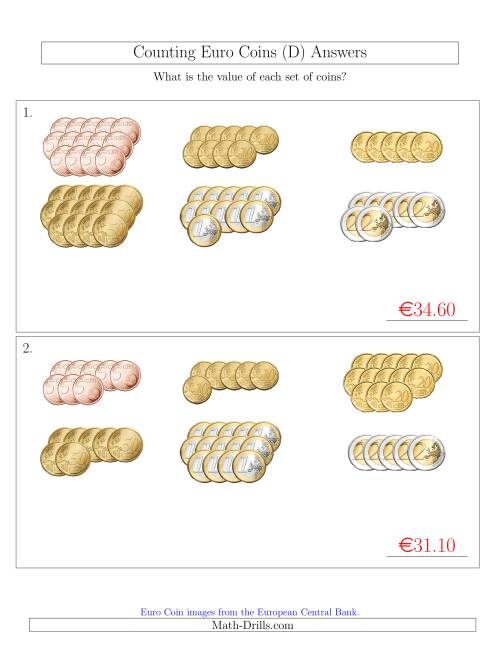 The Counting Euro Coins Sorted Version (No 1 or 2 Cents) (D) Math Worksheet Page 2
