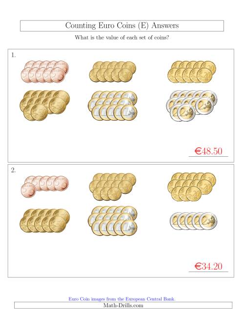 The Counting Euro Coins Sorted Version (No 1 or 2 Cents) (E) Math Worksheet Page 2