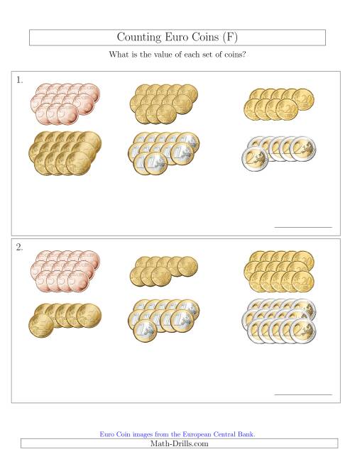 The Counting Euro Coins Sorted Version (No 1 or 2 Cents) (F) Math Worksheet