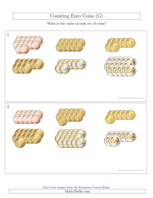 The Counting Euro Coins Sorted Version (No 1 or 2 Cents) (G) Math Worksheet