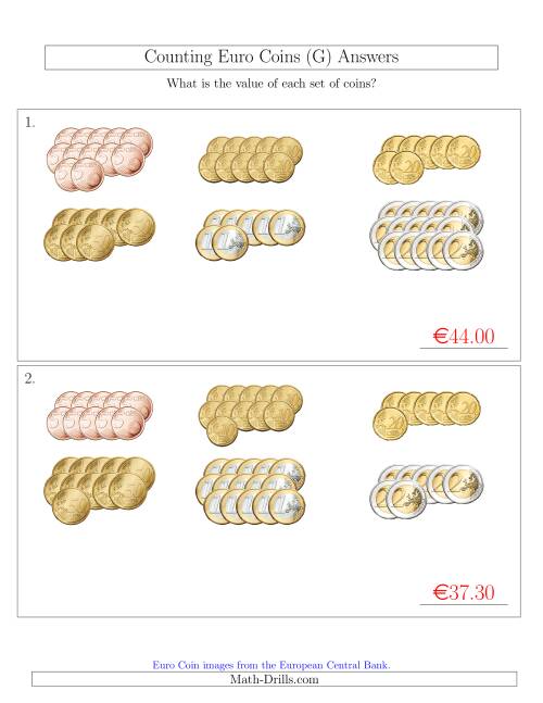 The Counting Euro Coins Sorted Version (No 1 or 2 Cents) (G) Math Worksheet Page 2
