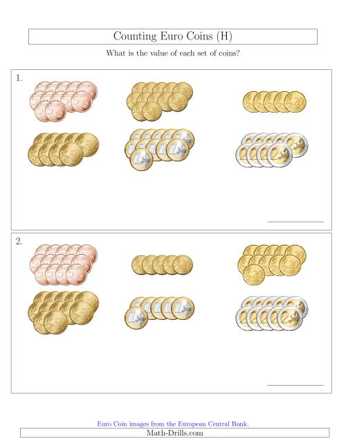 The Counting Euro Coins Sorted Version (No 1 or 2 Cents) (H) Math Worksheet