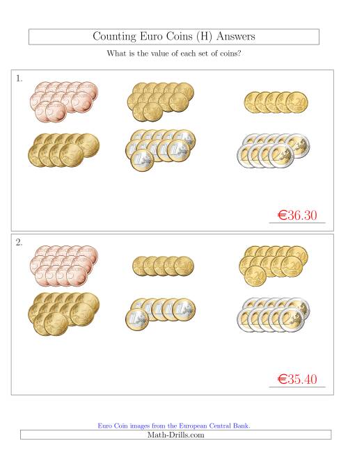 The Counting Euro Coins Sorted Version (No 1 or 2 Cents) (H) Math Worksheet Page 2