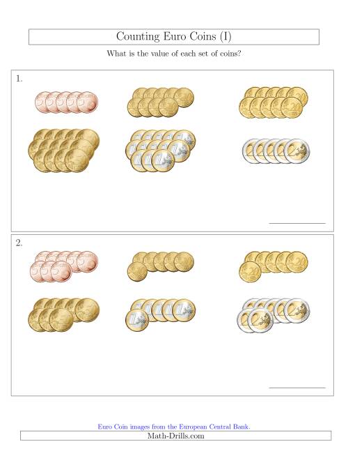 The Counting Euro Coins Sorted Version (No 1 or 2 Cents) (I) Math Worksheet