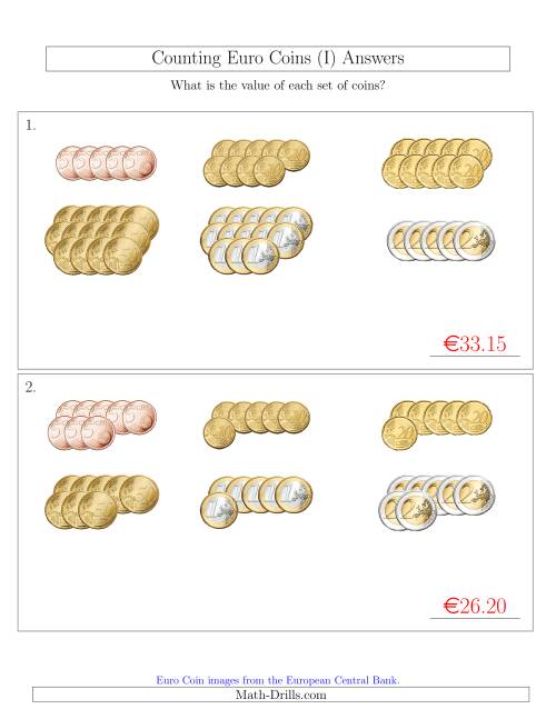 The Counting Euro Coins Sorted Version (No 1 or 2 Cents) (I) Math Worksheet Page 2