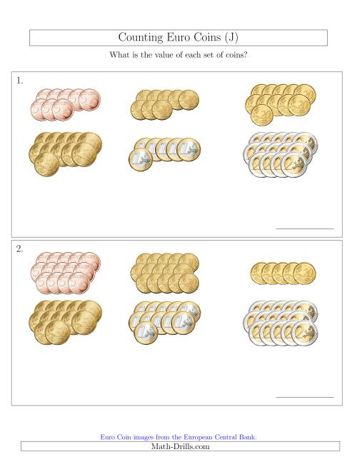 The Counting Euro Coins Sorted Version (No 1 or 2 Cents) (J) Math Worksheet