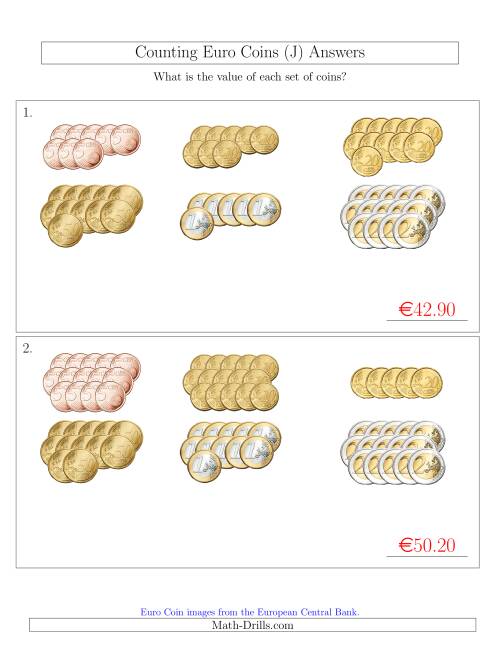 The Counting Euro Coins Sorted Version (No 1 or 2 Cents) (J) Math Worksheet Page 2
