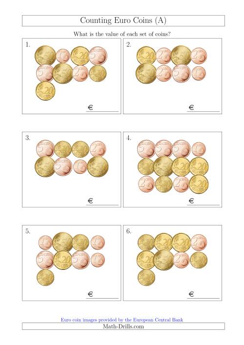 The Counting Euro Coins Without 1 or 2 Euro Coins (A) Math Worksheet