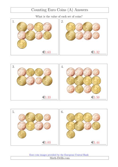 The Counting Euro Coins Without 1 or 2 Euro Coins (A) Math Worksheet Page 2