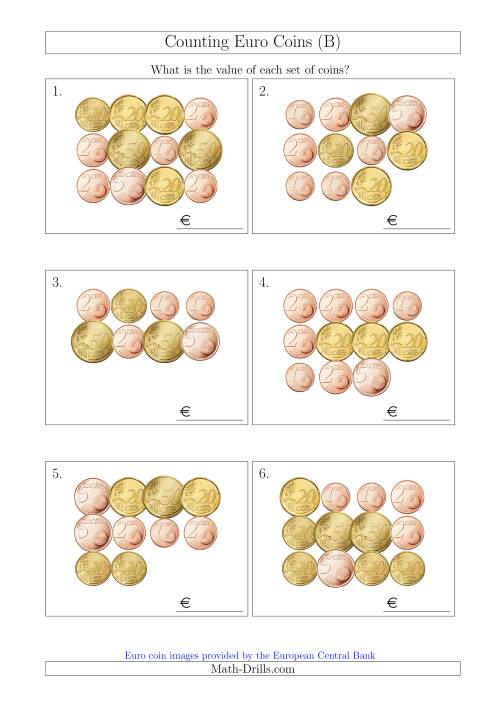 The Counting Euro Coins Without 1 or 2 Euro Coins (B) Math Worksheet