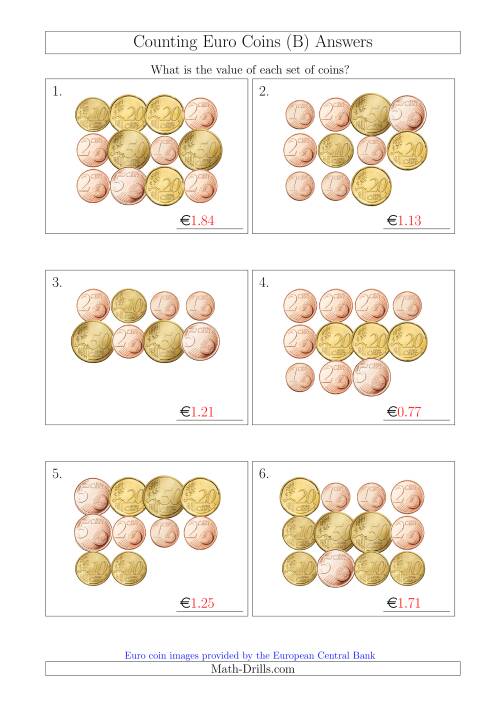 The Counting Euro Coins Without 1 or 2 Euro Coins (B) Math Worksheet Page 2