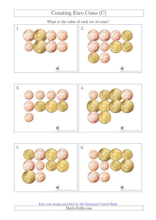 The Counting Euro Coins Without 1 or 2 Euro Coins (C) Math Worksheet