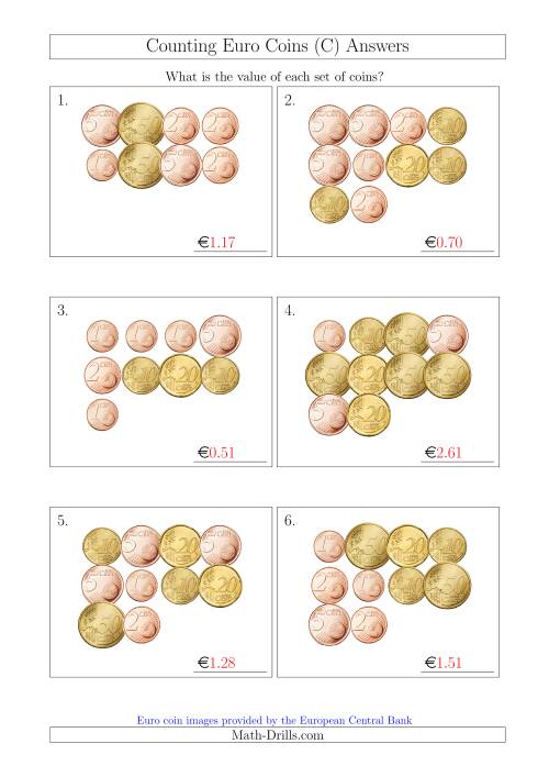 The Counting Euro Coins Without 1 or 2 Euro Coins (C) Math Worksheet Page 2