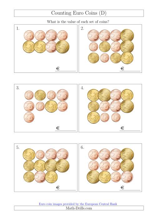 The Counting Euro Coins Without 1 or 2 Euro Coins (D) Math Worksheet