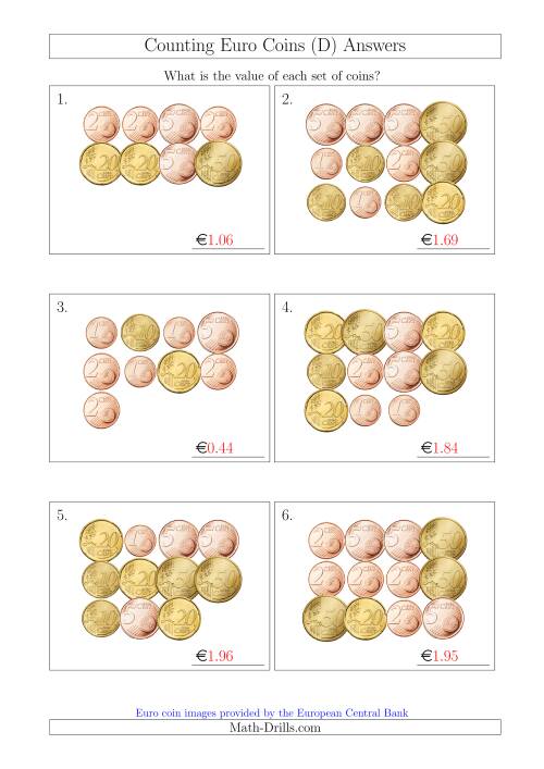 The Counting Euro Coins Without 1 or 2 Euro Coins (D) Math Worksheet Page 2