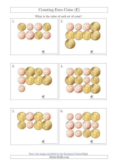 The Counting Euro Coins Without 1 or 2 Euro Coins (E) Math Worksheet