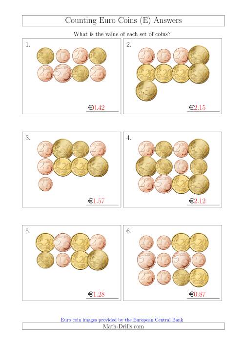 The Counting Euro Coins Without 1 or 2 Euro Coins (E) Math Worksheet Page 2