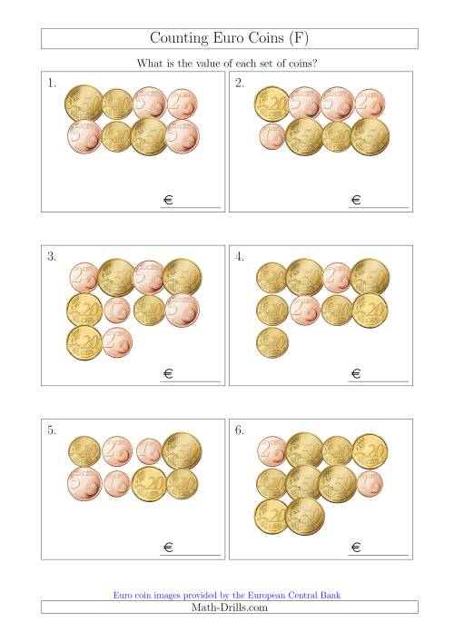 The Counting Euro Coins Without 1 or 2 Euro Coins (F) Math Worksheet