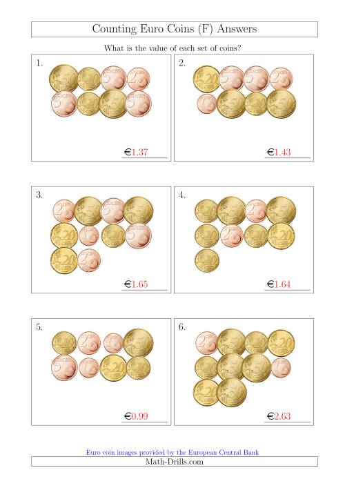 The Counting Euro Coins Without 1 or 2 Euro Coins (F) Math Worksheet Page 2