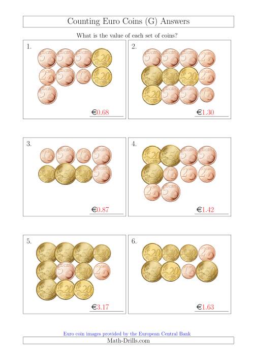The Counting Euro Coins Without 1 or 2 Euro Coins (G) Math Worksheet Page 2