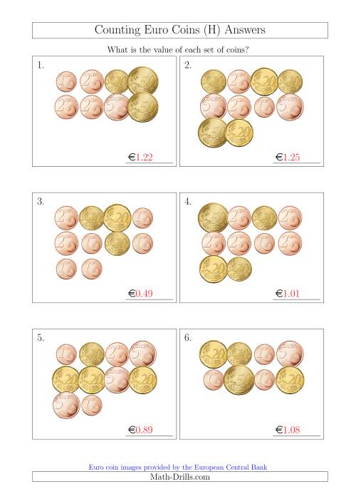 The Counting Euro Coins Without 1 or 2 Euro Coins (H) Math Worksheet Page 2