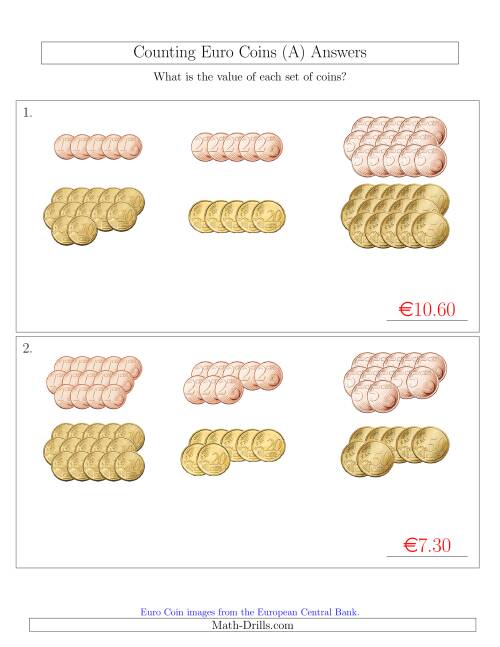 The Counting Euro Coins Sorted Version (No 1 or 2 Euro Coins) (A) Math Worksheet Page 2