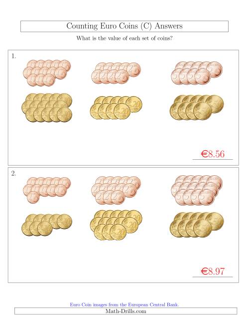 The Counting Euro Coins Sorted Version (No 1 or 2 Euro Coins) (C) Math Worksheet Page 2