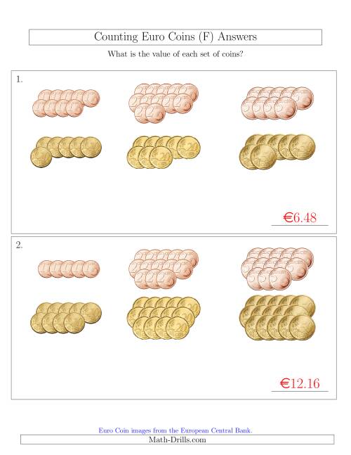 The Counting Euro Coins Sorted Version (No 1 or 2 Euro Coins) (F) Math Worksheet Page 2