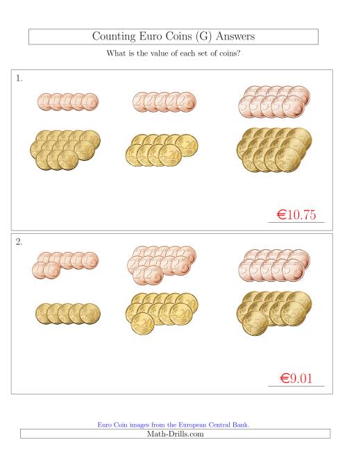 The Counting Euro Coins Sorted Version (No 1 or 2 Euro Coins) (G) Math Worksheet Page 2