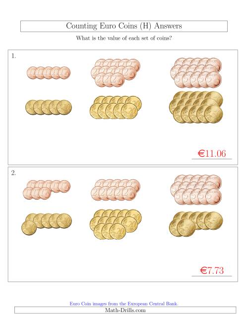 The Counting Euro Coins Sorted Version (No 1 or 2 Euro Coins) (H) Math Worksheet Page 2