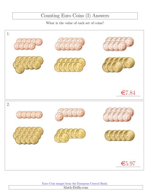 The Counting Euro Coins Sorted Version (No 1 or 2 Euro Coins) (I) Math Worksheet Page 2