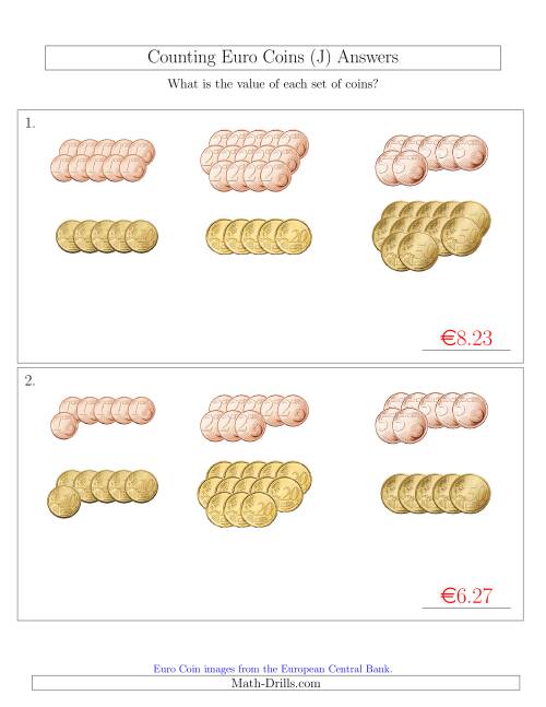 The Counting Euro Coins Sorted Version (No 1 or 2 Euro Coins) (J) Math Worksheet Page 2