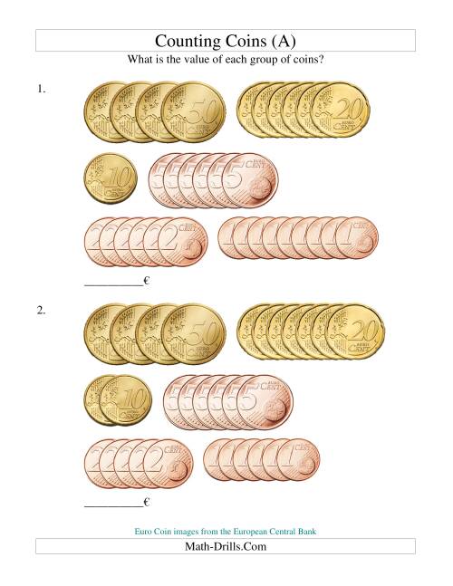 The Counting Euro Coins Sorted Version -- No 1 or 2 Euro Coins (Old) Math Worksheet