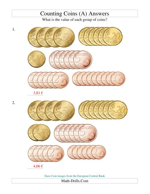 The Counting Euro Coins Sorted Version -- No 1 or 2 Euro Coins (Old) Math Worksheet Page 2