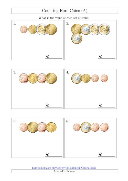 The Counting Small Collections of Euro Coins (A) Math Worksheet