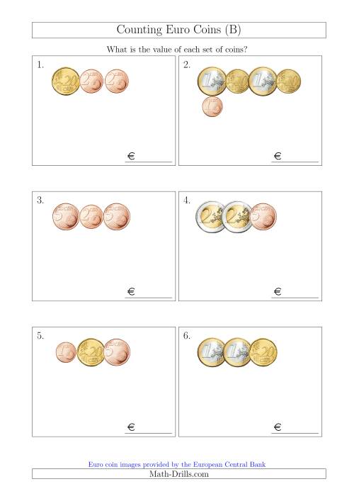 The Counting Small Collections of Euro Coins (B) Math Worksheet