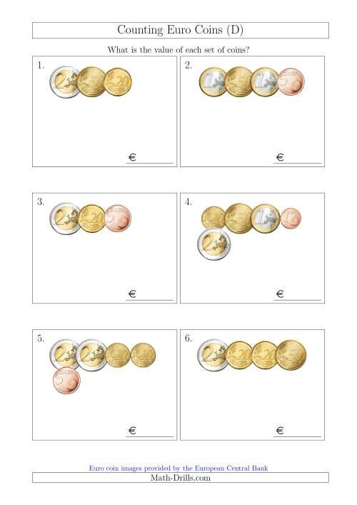 The Counting Small Collections of Euro Coins (D) Math Worksheet
