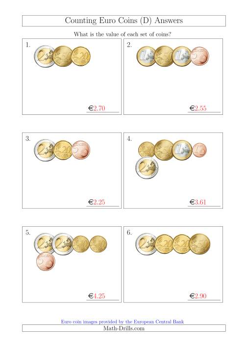 The Counting Small Collections of Euro Coins (D) Math Worksheet Page 2