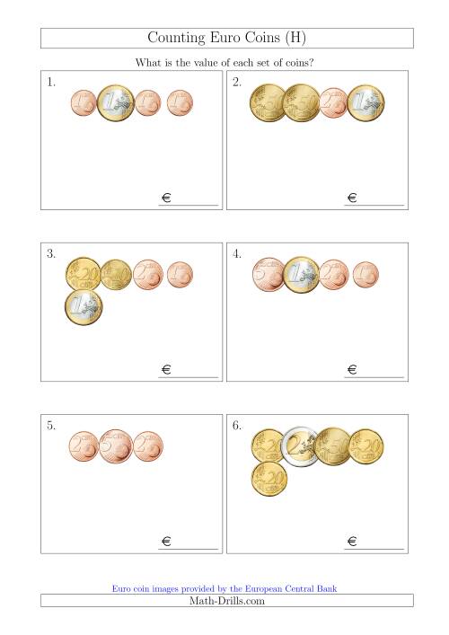 The Counting Small Collections of Euro Coins (H) Math Worksheet