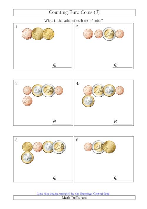 The Counting Small Collections of Euro Coins (J) Math Worksheet