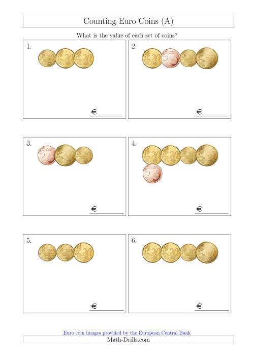 The Counting Small Collections of Euro Coins Including Only 5, 10, 20 and 50 Cent Coins (A) Math Worksheet
