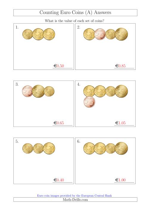 The Counting Small Collections of Euro Coins Including Only 5, 10, 20 and 50 Cent Coins (A) Math Worksheet Page 2