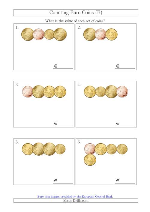The Counting Small Collections of Euro Coins Including Only 5, 10, 20 and 50 Cent Coins (B) Math Worksheet
