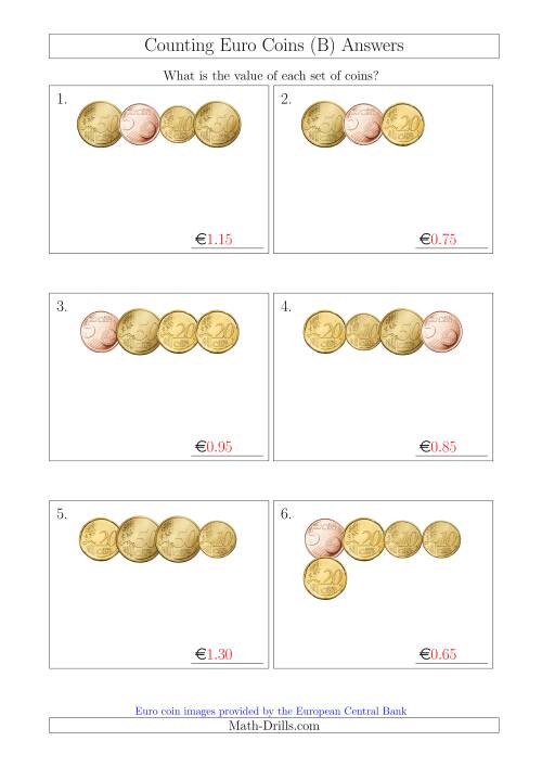 The Counting Small Collections of Euro Coins Including Only 5, 10, 20 and 50 Cent Coins (B) Math Worksheet Page 2
