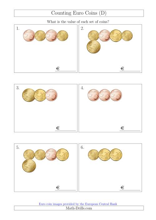 The Counting Small Collections of Euro Coins Including Only 5, 10, 20 and 50 Cent Coins (D) Math Worksheet